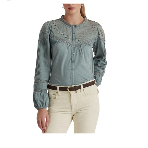 Lauren Ralph Lauren Eyelet-Embroidered Cotton-Blend Top - Picture 2 of 4